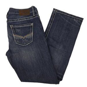 BKE Jake Jeans 36L Men's 36x34 Blue Bootleg Stretch Distressed Whiskered Denim